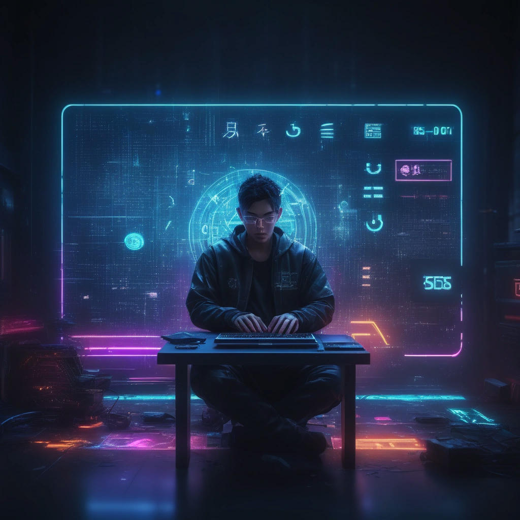 A programmer sitting in front of a computer, with a Raku logo on the screen, surrounded by coding symbols and futuristic elements, neon lights, cyberpunk atmosphere, 4k, high detail, concept art by Daniel Dociu