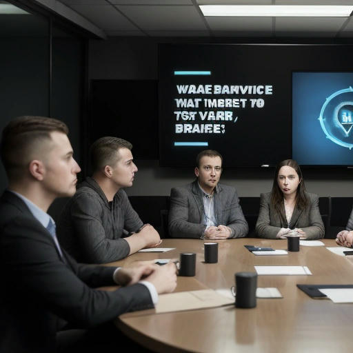 A group of people in a meeting, with a warning sign in the background