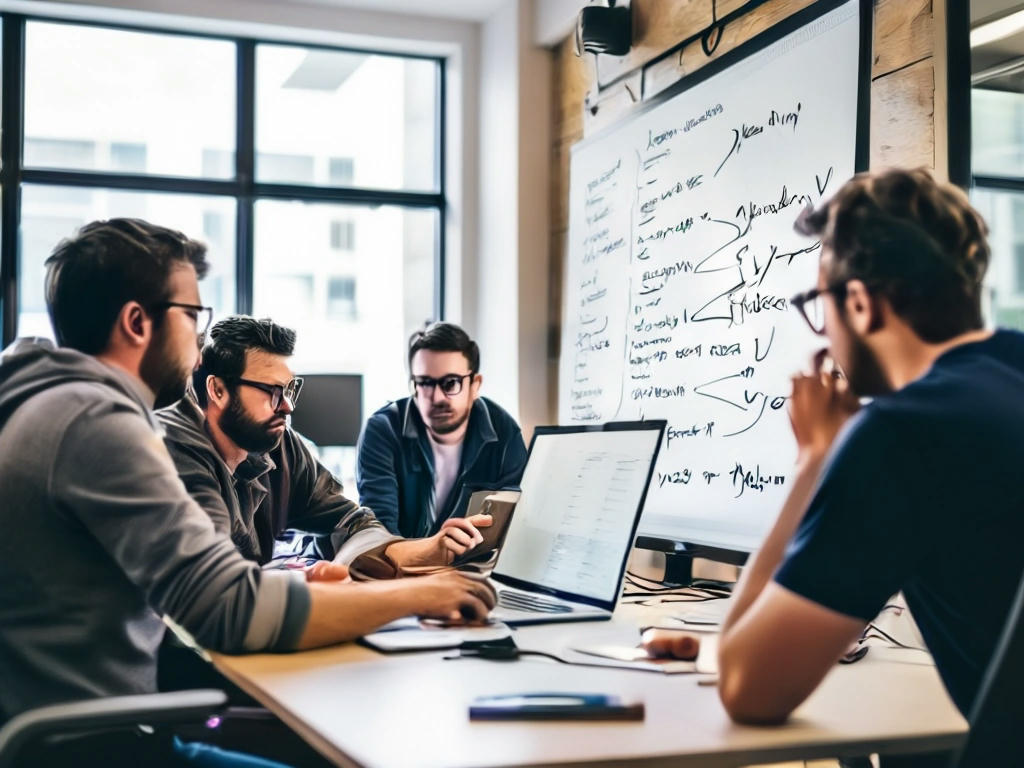 a group of developers collaborating in a modern office, brainstorming and writing code on a whiteboard, with Typelisp code snippets visible