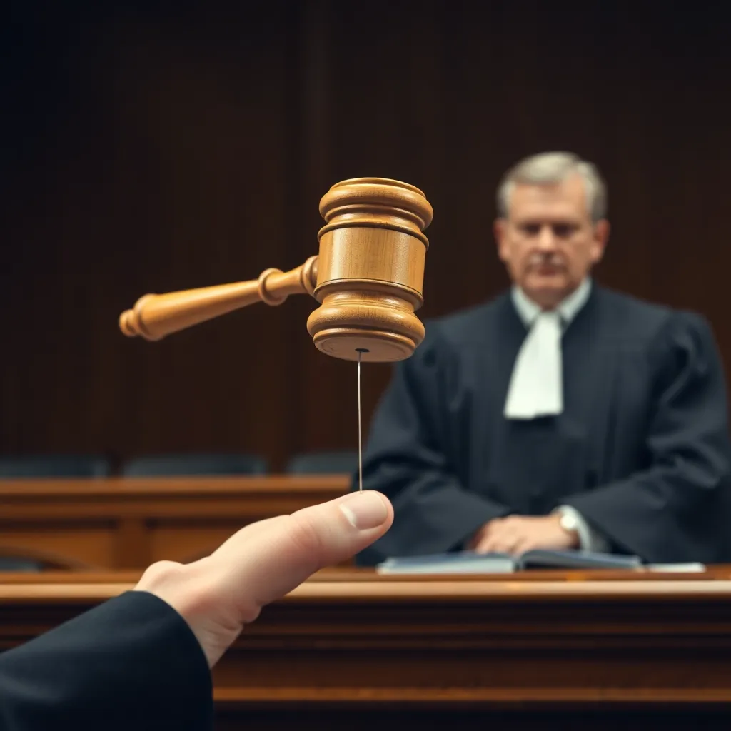 a floating wooden gavel hovering 2 inches above a courtroom bench, thin nearly invisible thread attached to juror's finger in foreground, stern judge in robe looking puzzled