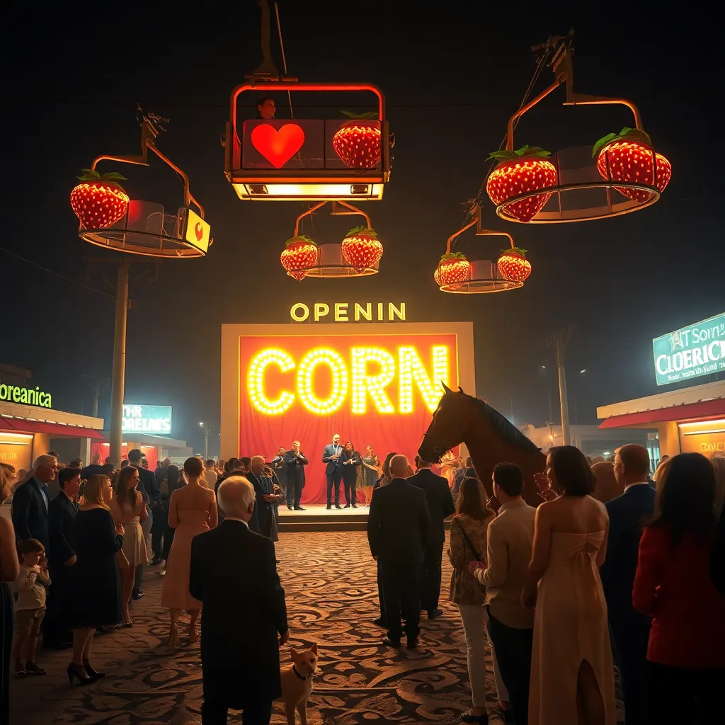 nighttime opening celebration in a surreal desert plaza, neon corn signs glowing, horse giving a grand speech from a tiny stage, stylish crowd in elegant desert outfits, cat and dog greeting guests, cable cars overhead lit like chandeliers, playing cards and strawberries as decorative motifs, festive yet absurdly sophisticated atmosphere