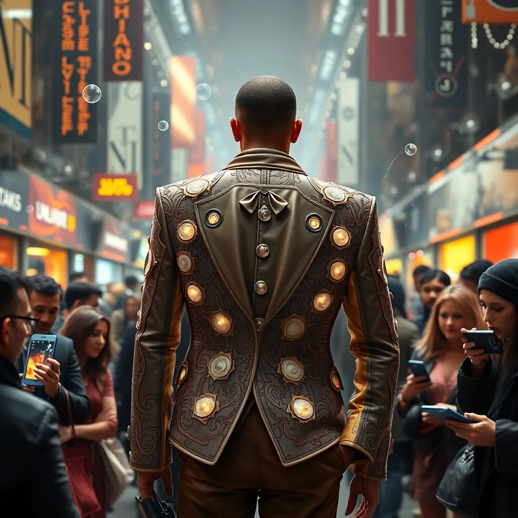 futuristic fashion market in 2206, crowd surrounding a person wearing an elegant self-applauding jacket, waves of visible social buzz and reputation metrics in the air, traders with translucent devices, extravagant street style, lively and absurdly prestigious atmosphere, high detail