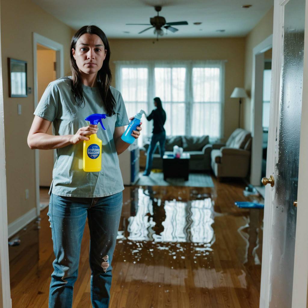 A person holding a disinfectant spray bottle, with a clean and organized room in the background