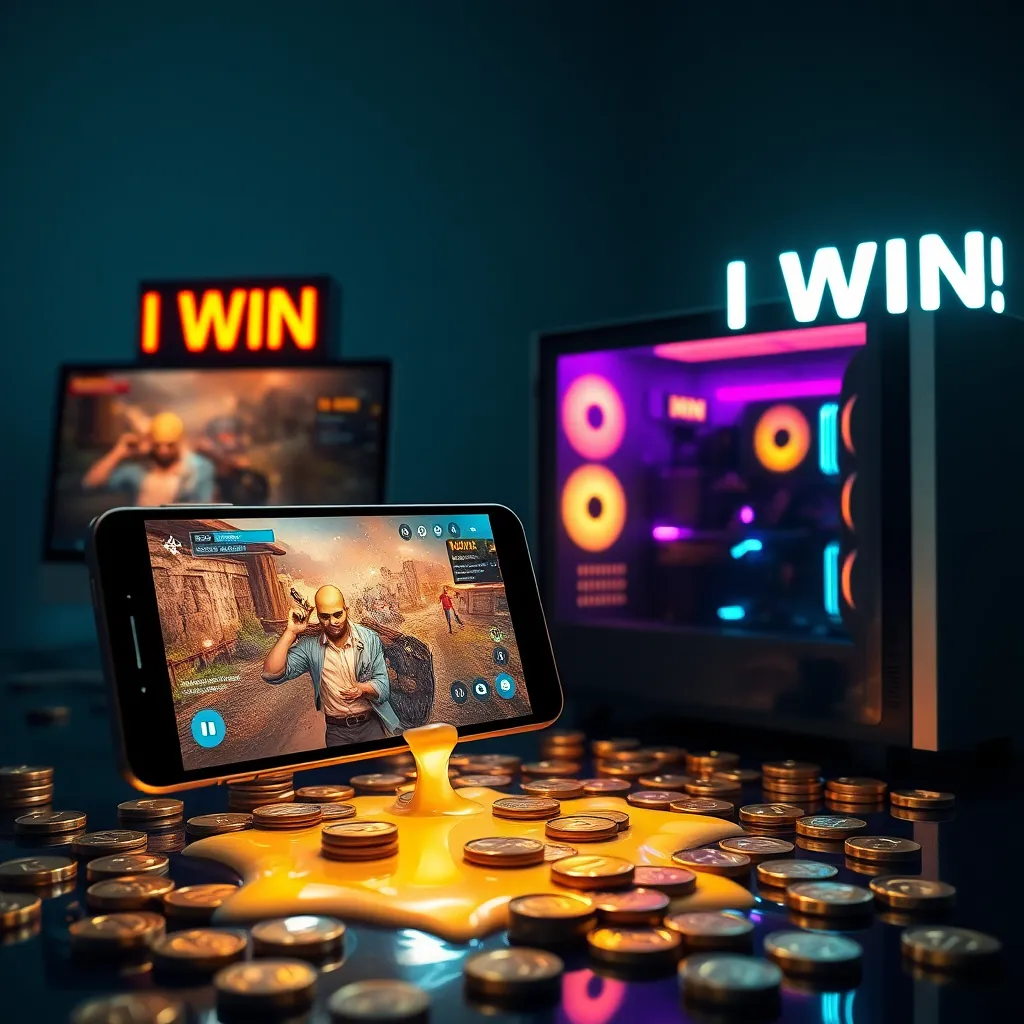 glowing smartphone running AAA game while melting into a puddle of gold coins next to a cheaper gaming PC with 'I WIN' sign, cinematic lighting