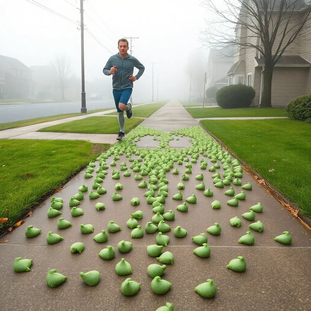 A suburban sidewalk completely covered in green goose droppings arranged in the shape of a peace sign, a confused jogger hovering one foot in the air, morning mist, satirical photography