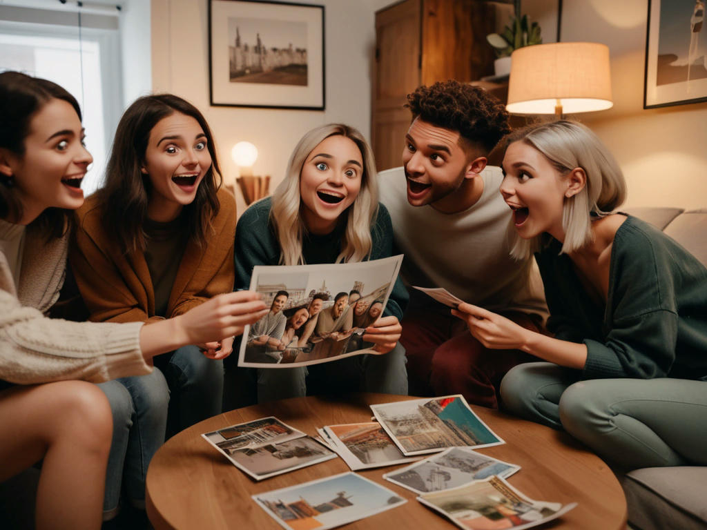 a group of friends gathered around a postcard, looking intrigued and excited, in a cozy apartment