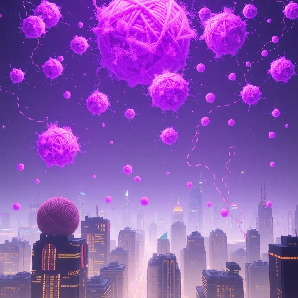 A futuristic city skyline where the buildings are shaped like giant balls of yarn and the sky is filled with floating, glowing purple lint particles
