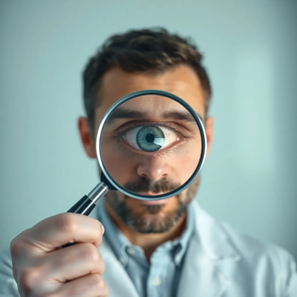 A doctor in a white lab coat holding a magnifying glass up to a man's eye, the reflection in the eye is a perfect, tiny image of a blank wall, clinical setting, hyper-realistic