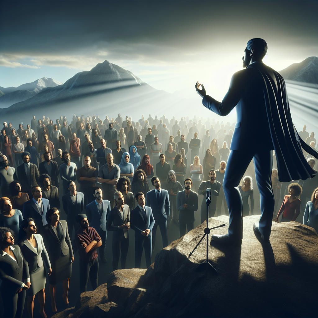 A charismatic figure delivering a speech on a mountaintop, surrounded by a large crowd, with a confident and powerful demeanor, detailed and high-quality, photorealistic, dramatic lighting