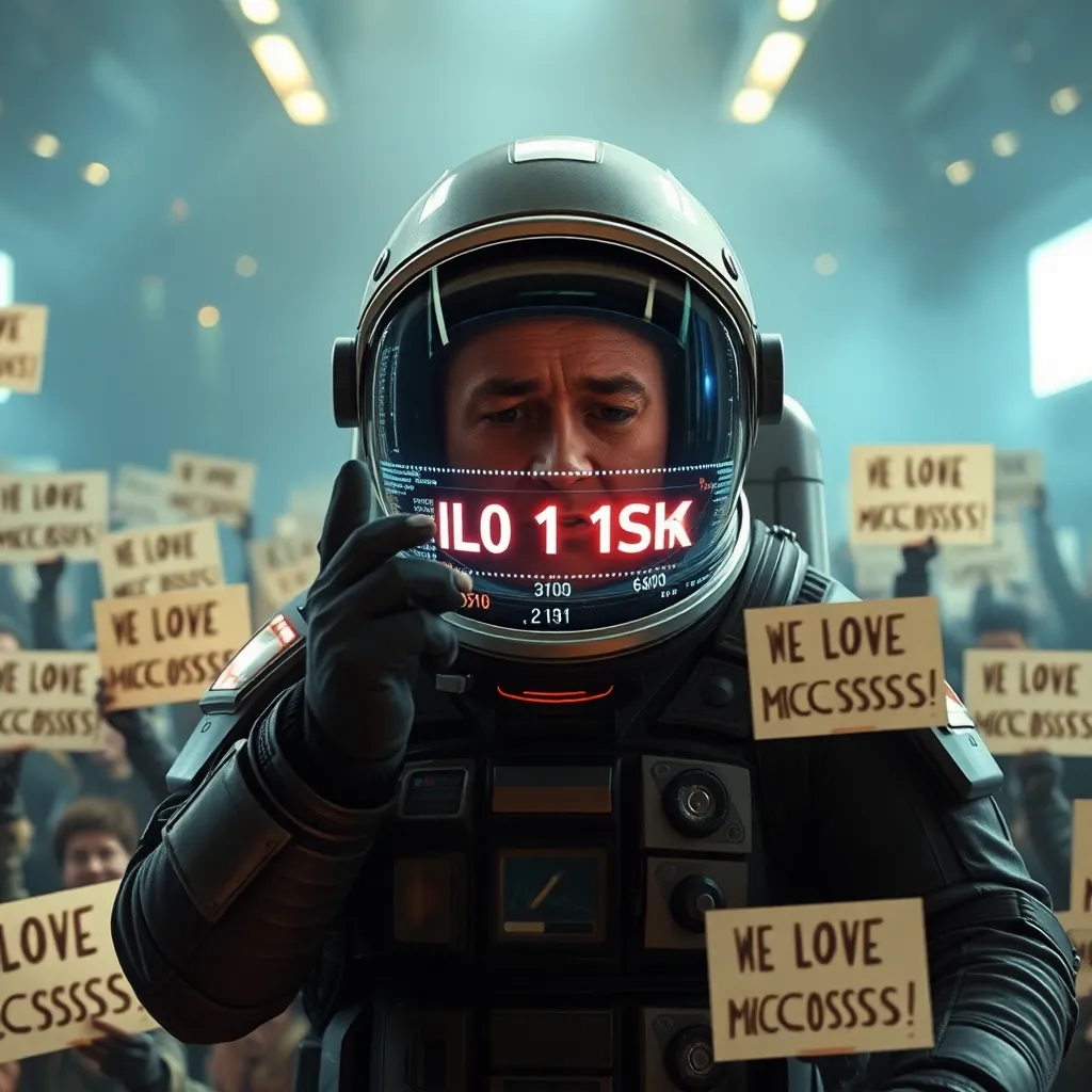 corporate executive in space suit sobbing into a holographic spreadsheet displaying 'LOSS: 1 ISK' while surrounded by cheering mobs holding 'WE LOVE MICRO-LOSSES!' signs