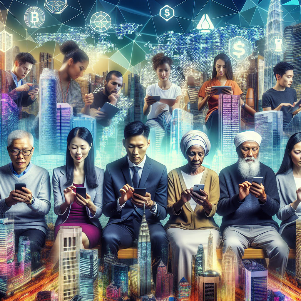 A diverse group of people using blockchain-based financial services on their smartphones, in a bustling urban environment, showcasing financial inclusion and accessibility, high-resolution, vibrant colors