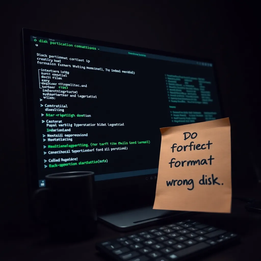close-up of a terminal screen showing disk partitioning commands, futuristic but realistic linux workstation, dark desk, coffee mug, sticky note saying do not format the wrong disk, dramatic lighting