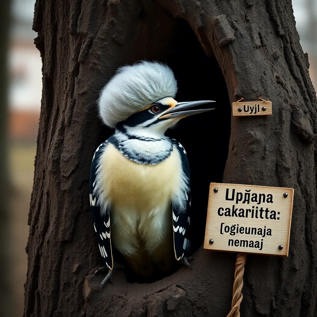 Woodpecker wearing a judge's wig, pecking at a hollow tree labeled 'Суд', with a sign 'Справа закрита: позивача немає' in Ukrainian, photorealistic