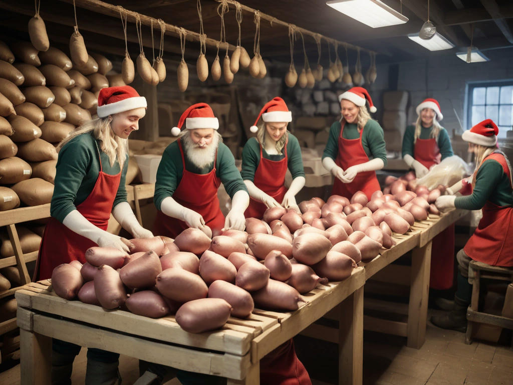 elves packing sacks of potatoes in a workshop, preparing for Christmas delivery, with reindeer and sleighs ready outside