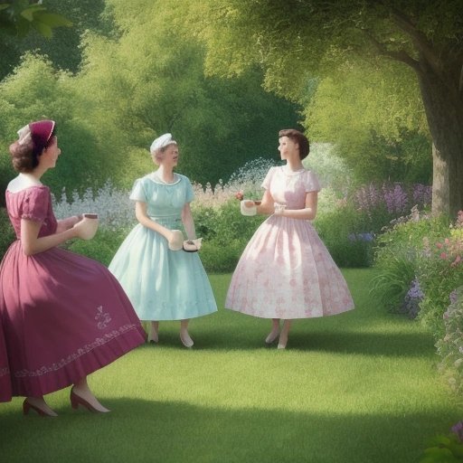 Women having tea in a retro-style garden party