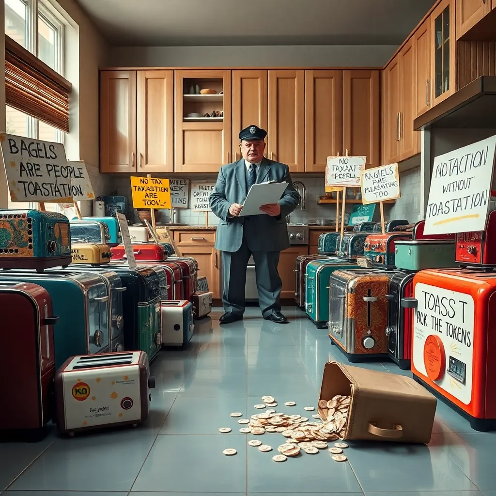 A protest scene inside a modern kitchen: dozens of vintage and modern toasters with hand-painted signs ('BAGELS ARE PEOPLE TOO', 'NO TAXATION WITHOUT TOASTATION') facing off against a stern-looking city inspector holding a clipboard, a spilled box of 'toast tokens' on the linoleum floor