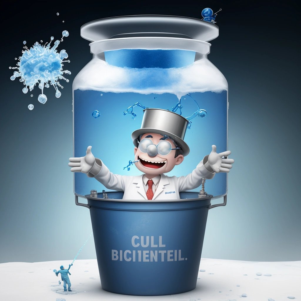 Scientist struggling with cryofluid coolant bucket