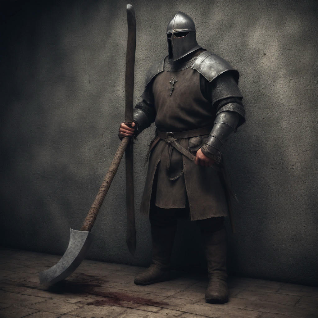 A medieval executioner holding an axe, ready to behead a condemned prisoner, detailed, realistic, digital art