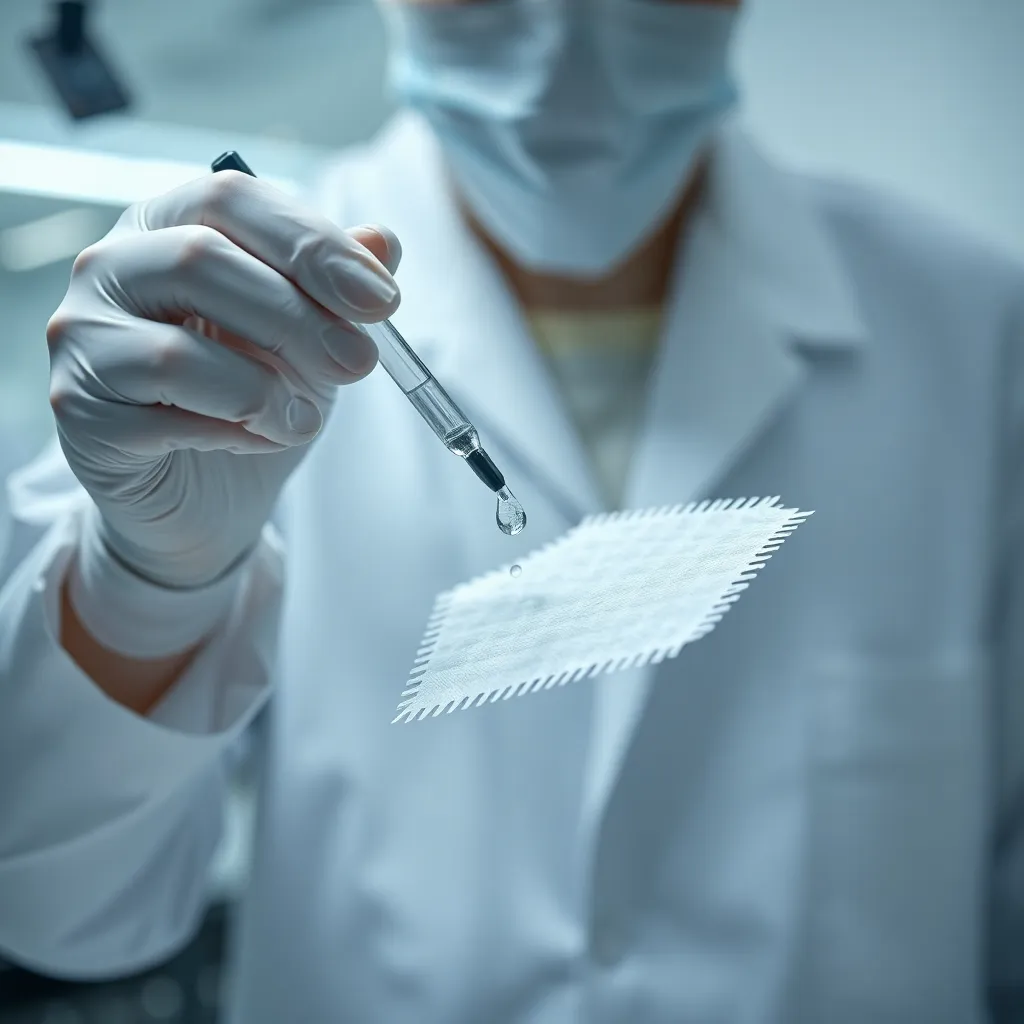 A laboratory technician in a white coat carefully placing a single drop of water onto a standardized cotton swatch using a glass pipette, sterile environment, clinical lighting, high-detail scientific photography.