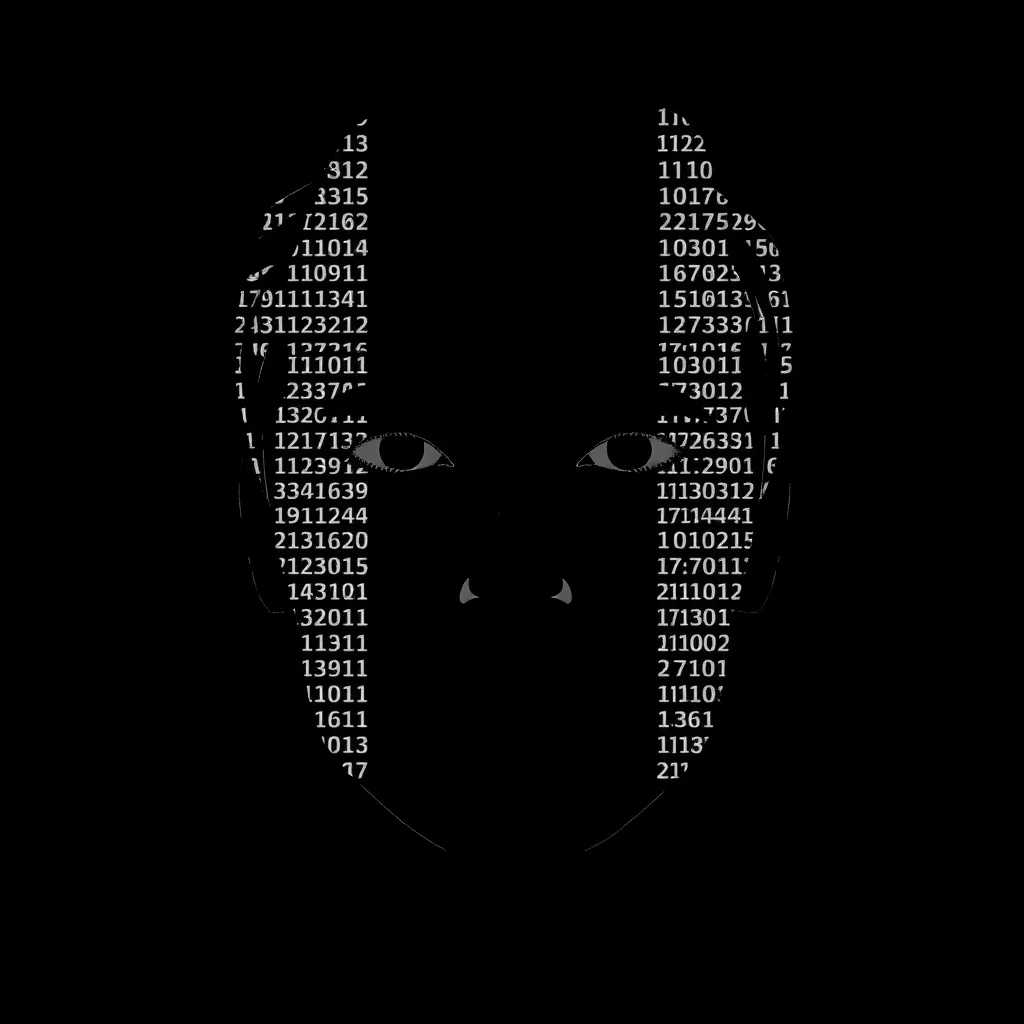 A surreal portrait of a news anchor whose face is composed entirely of white ASCII text on a black background, the characters forming eyes and a mouth, glitch art style, high contrast