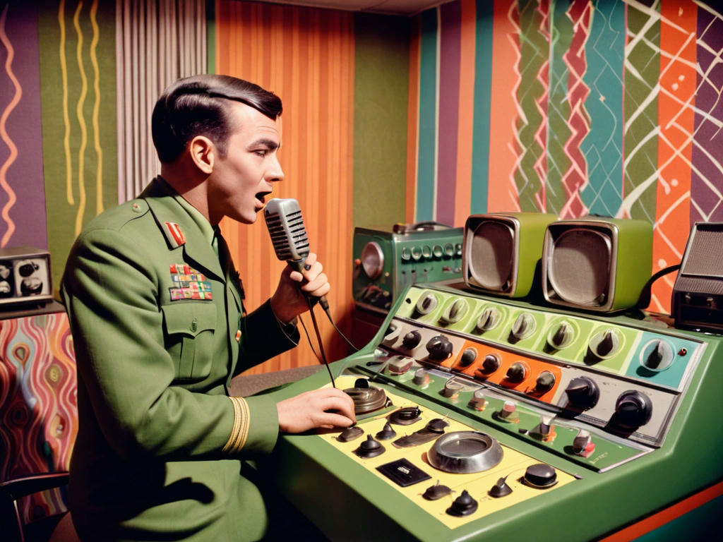 1960s radio studio with vintage equipment, psychedelic colors and patterns, a man in military uniform speaking into a microphone