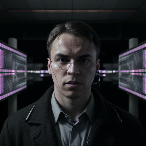 A person in a dark room, surrounded by screens and wires