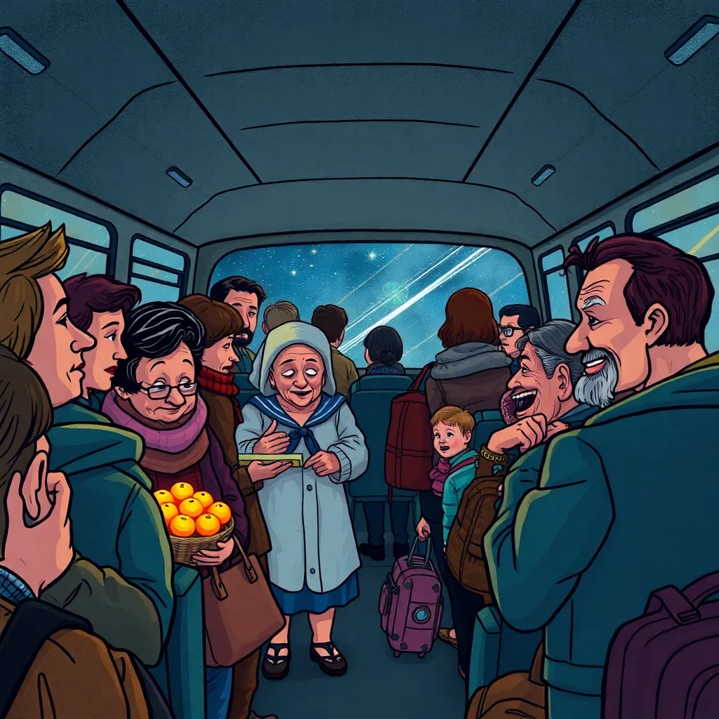 inside an overcrowded space minibus, passengers of many ages standing shoulder to shoulder, someone passing fare hand to hand, old woman with basket of glowing pies, child sleeping on luggage rack, driver focused while stars streak outside the windshield, humorous realism, dense lively detail