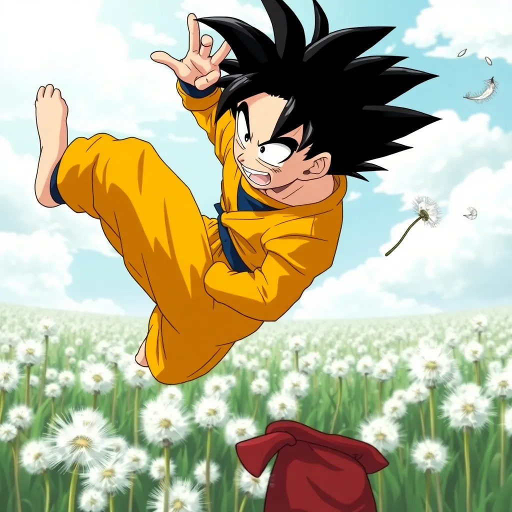 Goku mid-air executing a spinning kick that narrowly misses Saitama's head, shockwaves rippling through a dandelion field, Saitama looking utterly unimpressed with a single dandelion seed floating near his ear