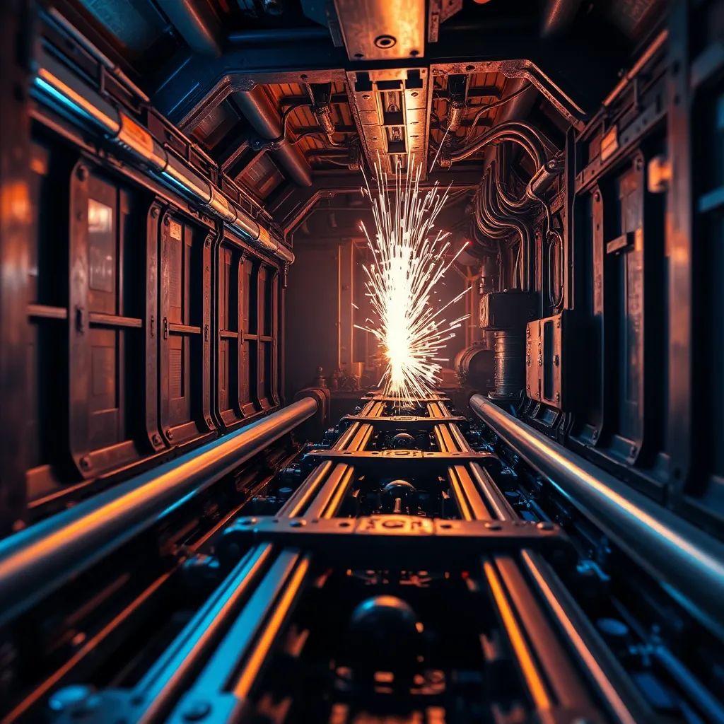 close-up interior view of a high-tech railgun mechanism, heavy metallic rails, glowing electromagnetic coils, sparks, robust Ukrainian field engineering aesthetic, portable power modules, rugged military design, photorealistic, intense blue-white energy