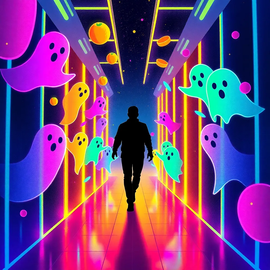 surreal illustration of a human silhouette inside a glowing arcade maze, chased by abstract colorful ghost-like shapes representing stress, with floating fruit symbols and flickering neon lights, emotional and expressive, modern editorial art style
