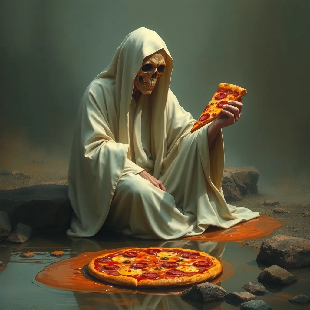 ethereal ghost in pale robes sitting beside a shallow stream of sweet sauce with floating old pizza flyers, holding a slice of pineapple pizza with tragic reverence, spiritual gloom, painterly lighting, detailed surreal textures, melancholic yet absurd