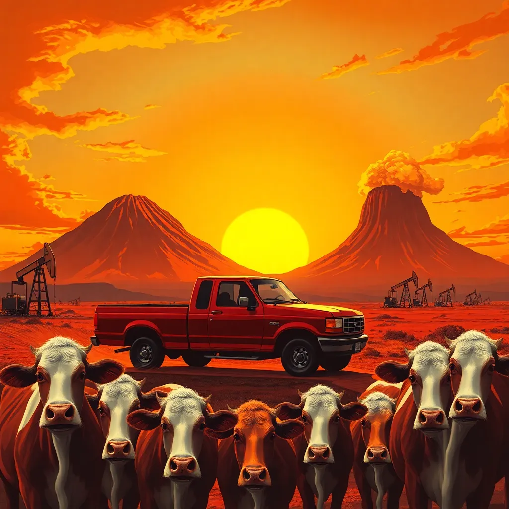 a glossy propaganda-style sunset scene with a pickup truck driving past oil pumps, giant volcano shrugging in the distance, cows with apologetic expressions, dramatic orange sky, satirical editorial art
