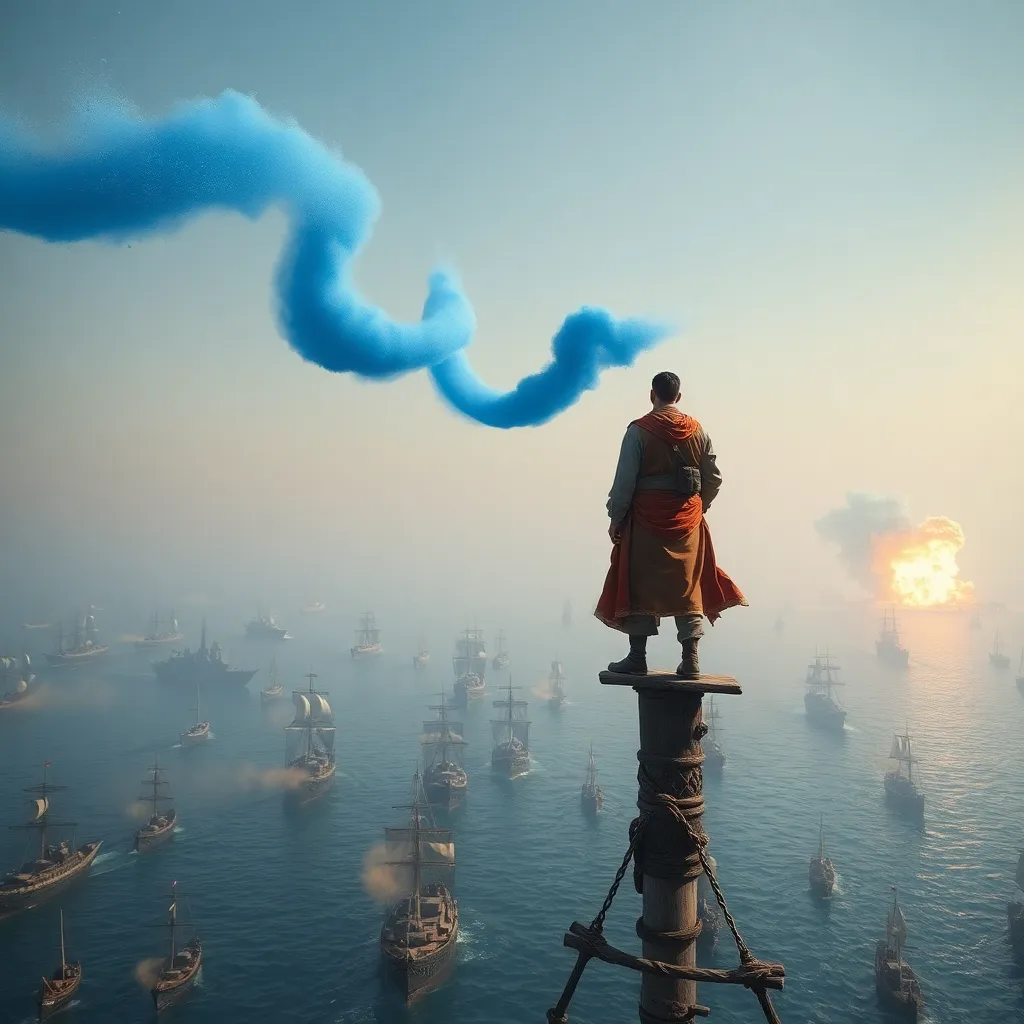 The Prince of Persia standing on a narrow wooden mast overlooking a fleet of hundreds of modern warships and ancient wooden dhows clashing in a narrow sea passage, explosions in the distance, mystical blue sand swirling in the air