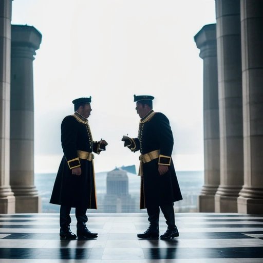 Two chess players dressed as generals on opposing towers