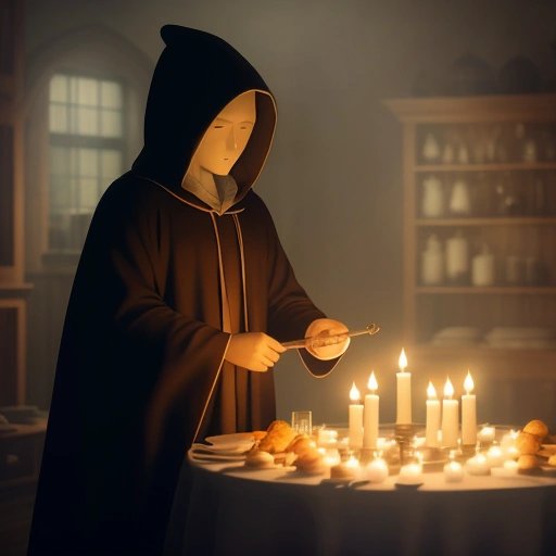 Robed figure using potato peeler
