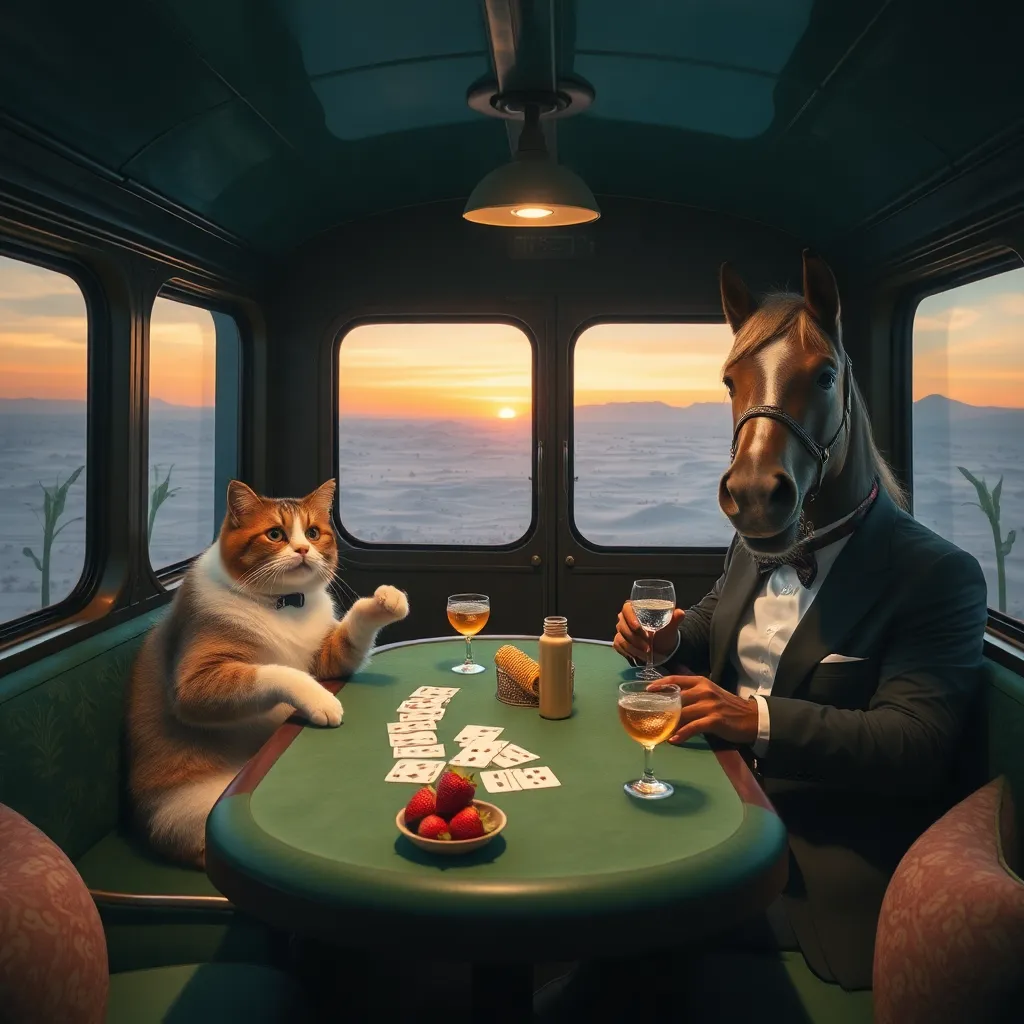 inside a bizarre cable car cabin converted into a luxurious tiny restaurant and card room, cat dealer shuffling cards on green felt, dog making stylish peace and rock hand gestures, horse in formal attire checking reservations, corn decorations, strawberries and sparkling drinks on tables, sunset desert visible through windows, whimsical cinematic composition