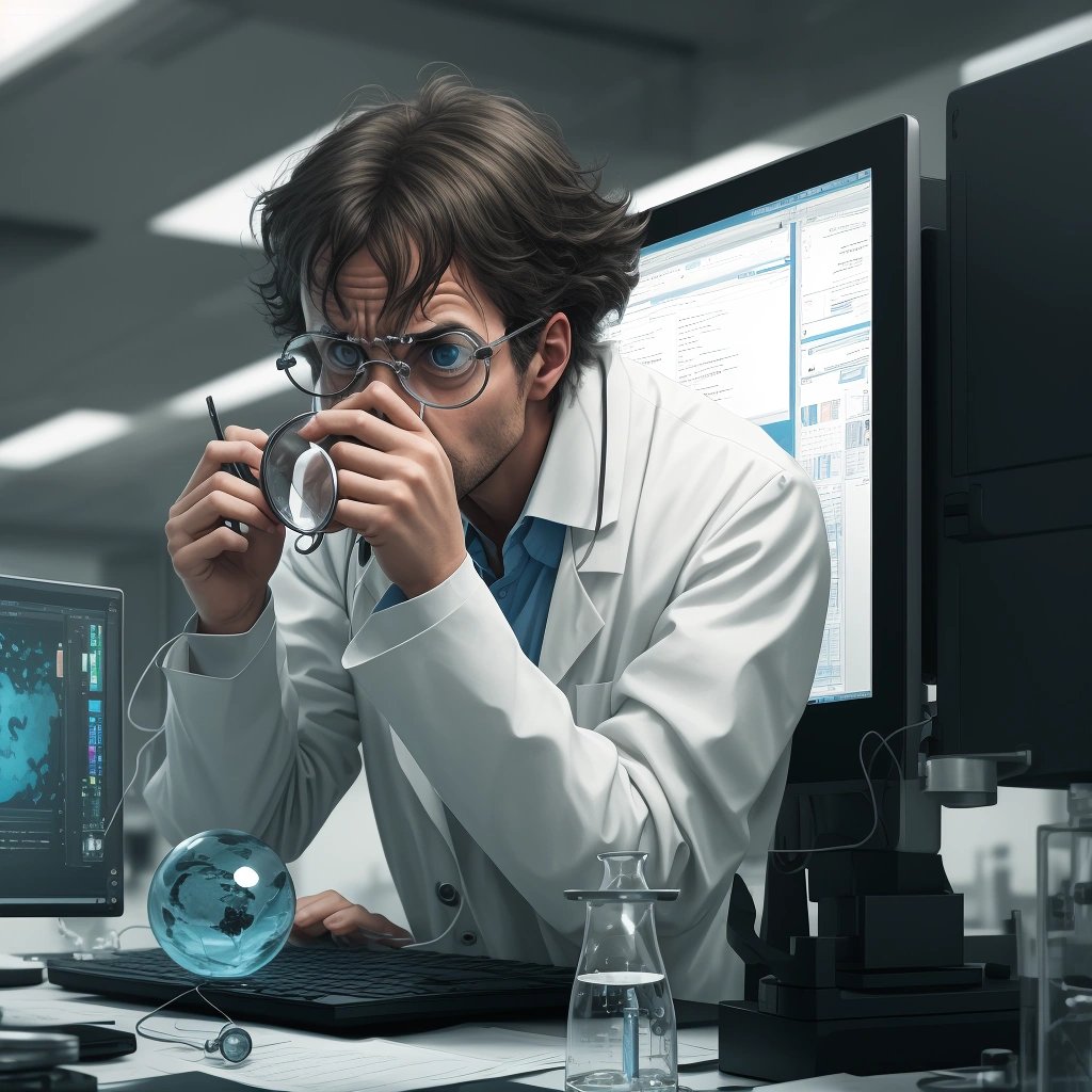 Scientist searching on a cluttered desktop computer