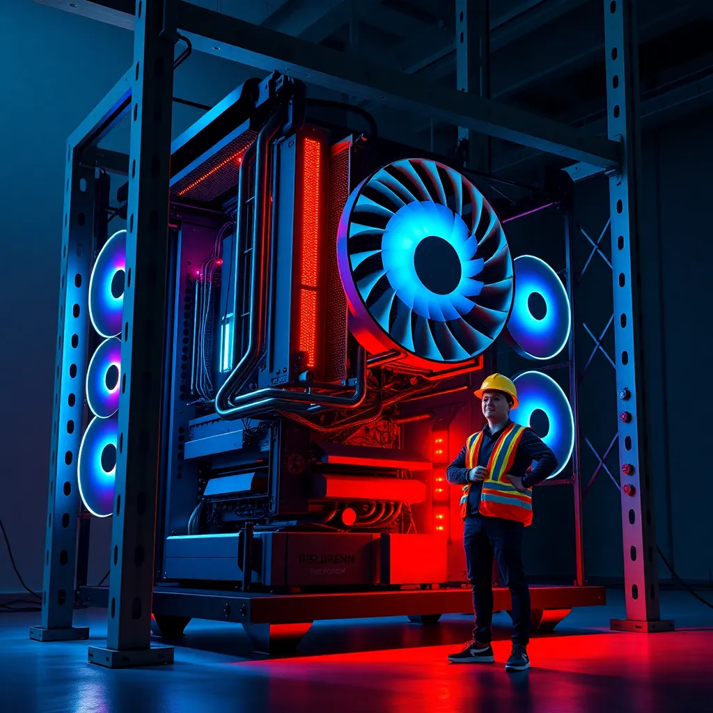 massive ultra-modern desktop PC reinforced with steel beams and construction supports, gigantic futuristic GPU installed like a bridge segment, enthusiast proudly standing beside it in a hard hat, warm RGB lighting, hyper-realistic absurd scene