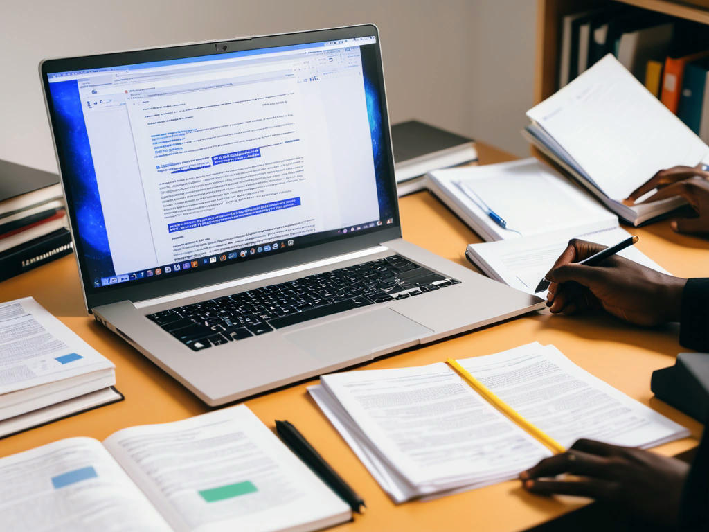 a person fact-checking information on a laptop with books and notes around them