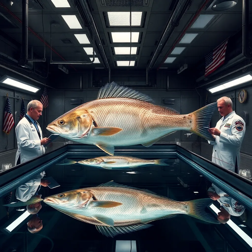 inside a secret marine military laboratory, scientists and naval officers examine enlarged sea bass in massive tanks, clipboards, cables, American flags, water reflections, hyper-detailed, absurdly serious defense-research tone