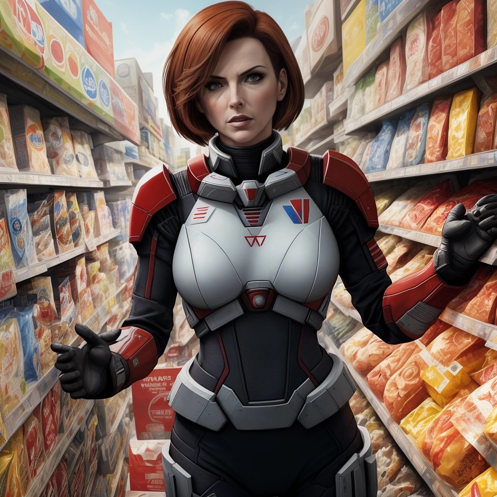 Commander Shepard surrounded by store logos