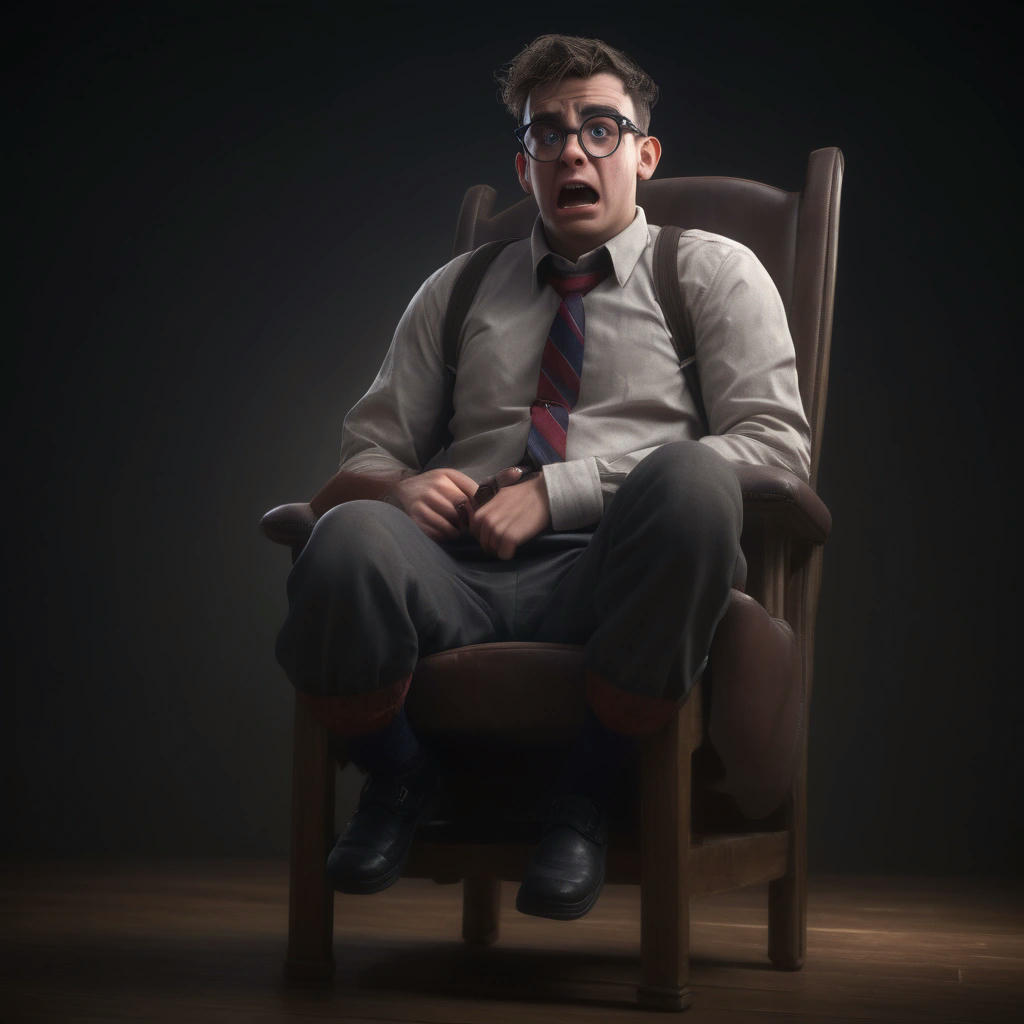 a nerd stuck to a chair with a wedgie, with a look of horror on his face, dramatic lighting, 4k, hyper-realistic, trending on artstation