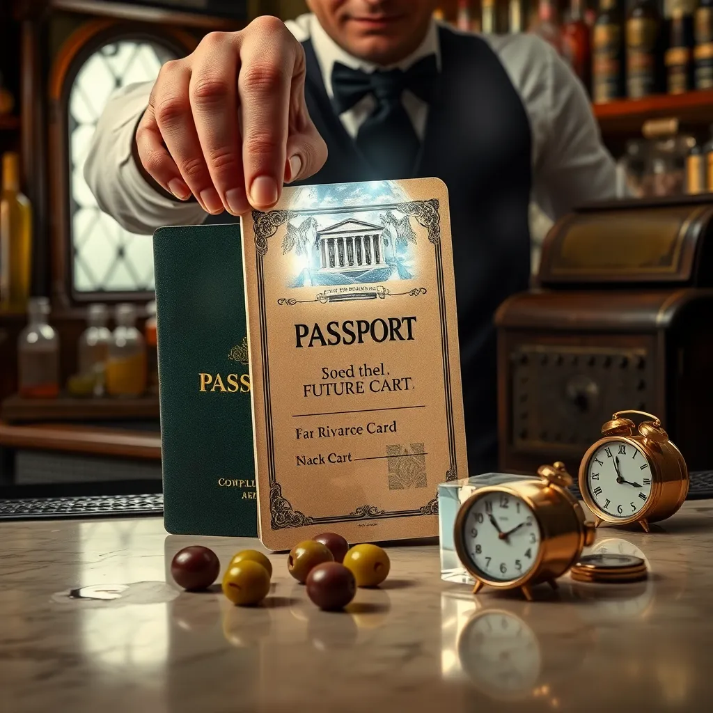 close view of a bar counter with a shapeshifting identification document changing from vintage passport to sleek future card to glowing crystal cube, bartender's skeptical hand hovering over it, spilled olives, antique cash register, tiny desk clock vibrating wildly, humorous high-detail realism
