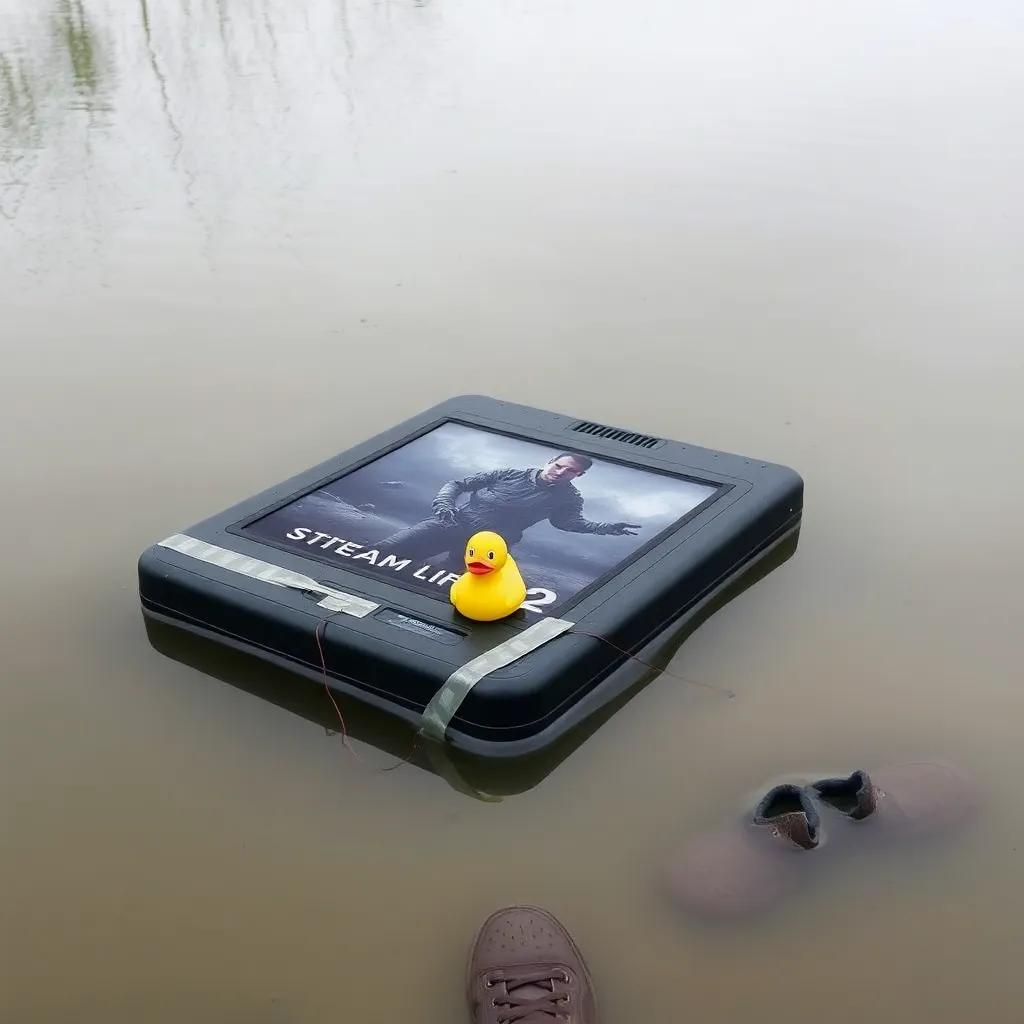 Steam Deck floating in a murky pond, screen displaying a drowning character from Half-Life 2, rubber ducky tethered to the device with duct tape, muddy sneakers visible in shallow water nearby, overcast sky