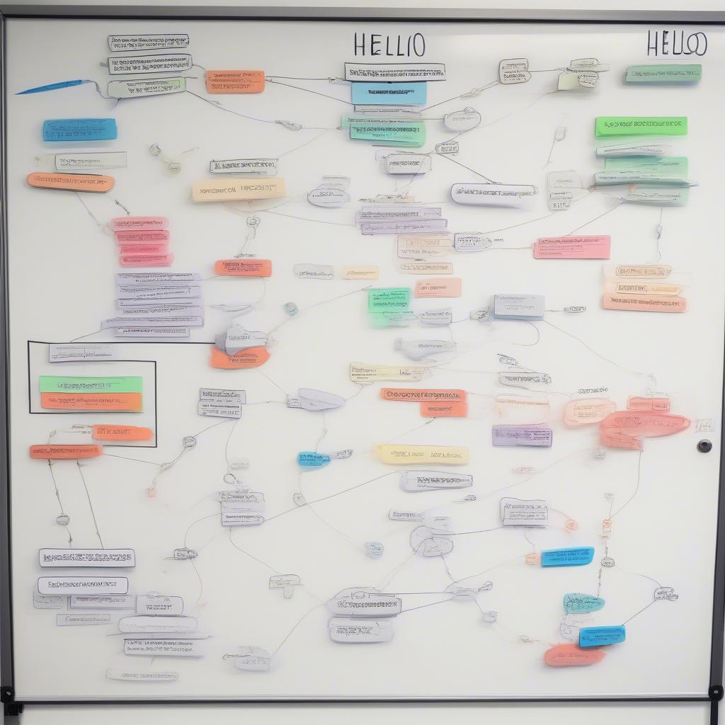 A whiteboard covered in absurdly convoluted flowcharts connecting 'User Input' to 'Hello, World!' output, with labels like 'quantum middleware' and 'AI-driven sentiment analysis layer'