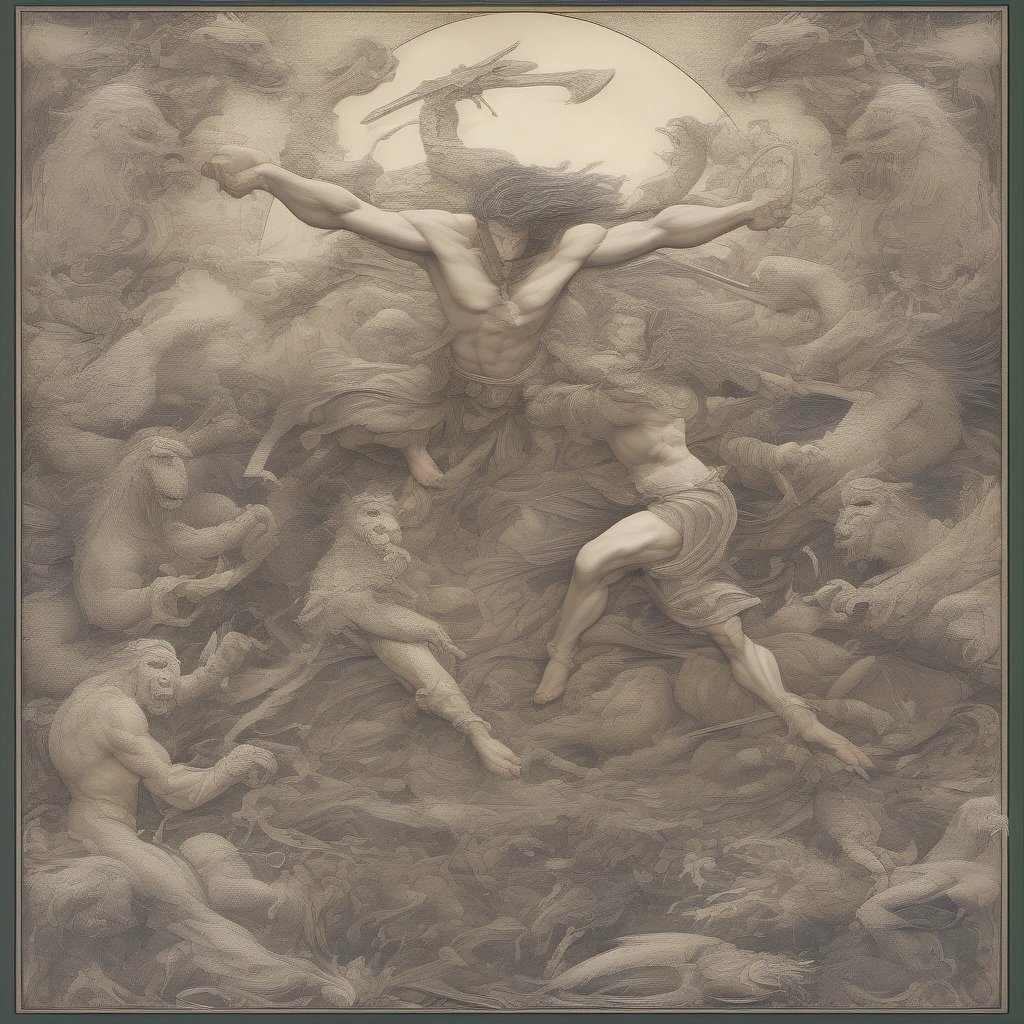 Ancient humans battling mythical creatures
