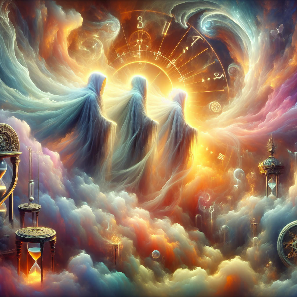 A mystical, dreamlike scene of the Timekeepers, surrounded by swirling clouds of time, ancient artifacts, and cryptic symbols, ethereal, atmospheric, high-quality, 4k, concept art by Loish