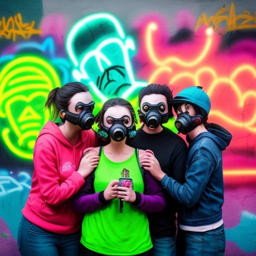 Friends wearing stylish gas masks and having fun