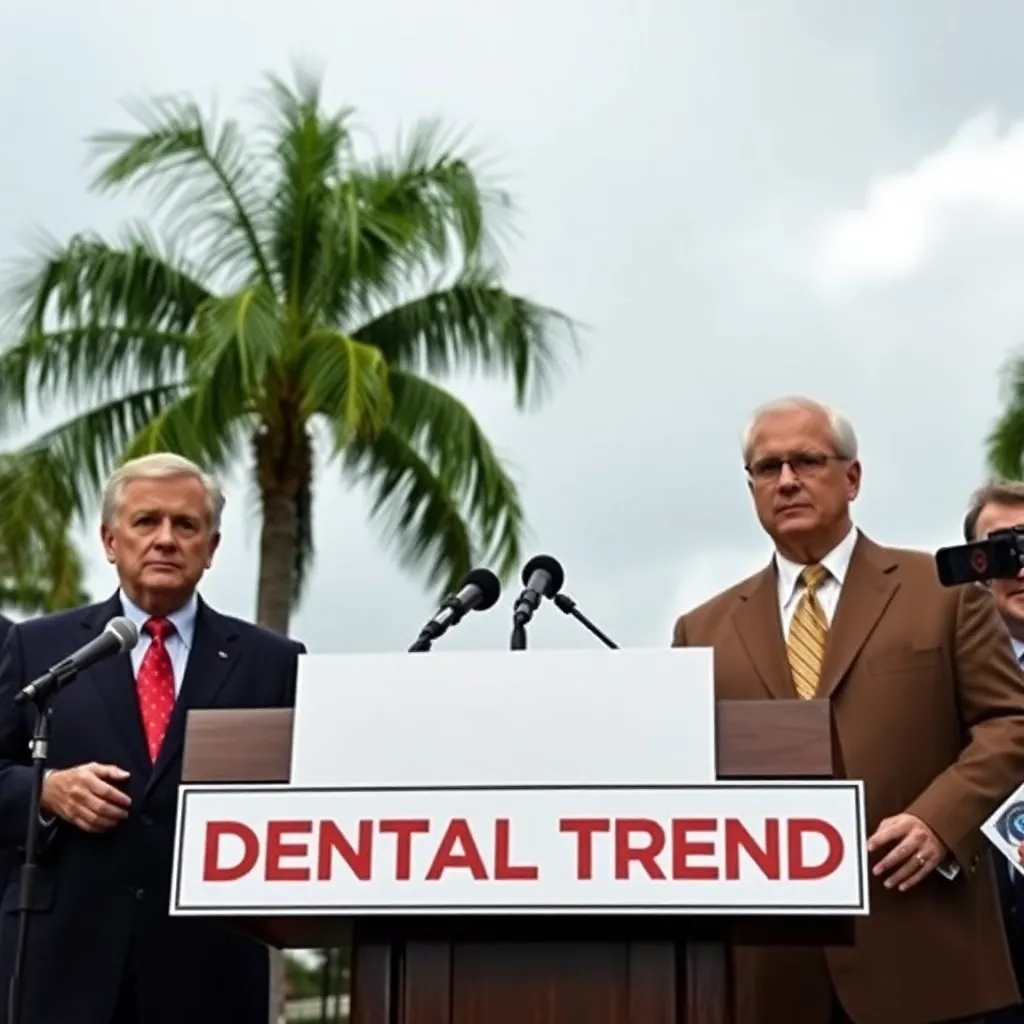 outdoor press conference in Florida with intensely serious local officials standing at podiums discussing a bizarre dental trend, microphones, reporters, palm trees, humid sky, realistic editorial photography with subtle absurd details