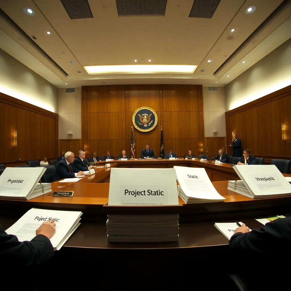 A wide-angle shot of a modern government hearing room, with several officials in suits sitting behind a long mahogany desk, reviewing thick paper dossiers labeled 'Project Static', soft overhead lighting, professional atmosphere.